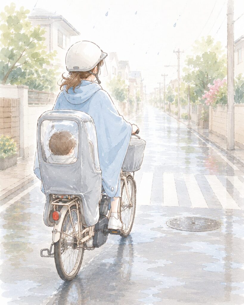 雨の日の自転車運転のイラスト