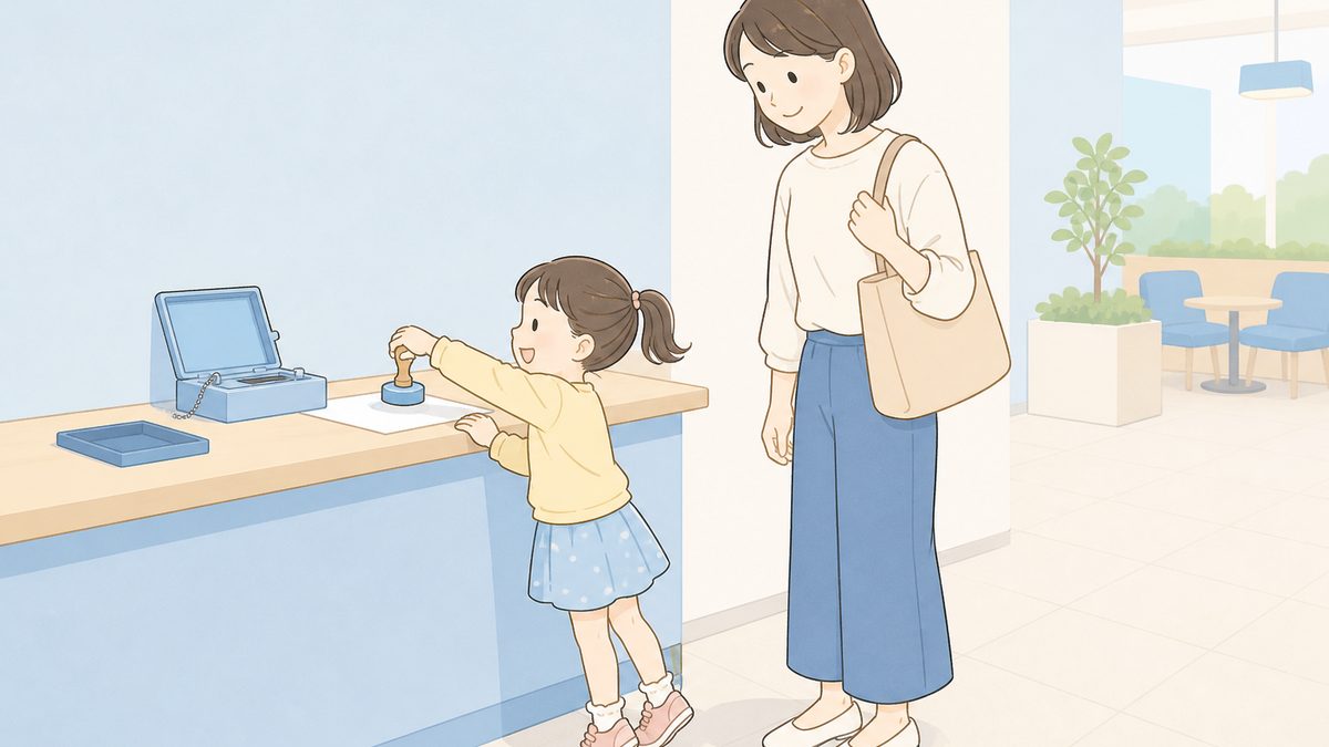 サービスエリアのスタンプ台でスタンプを押す子どもと母親