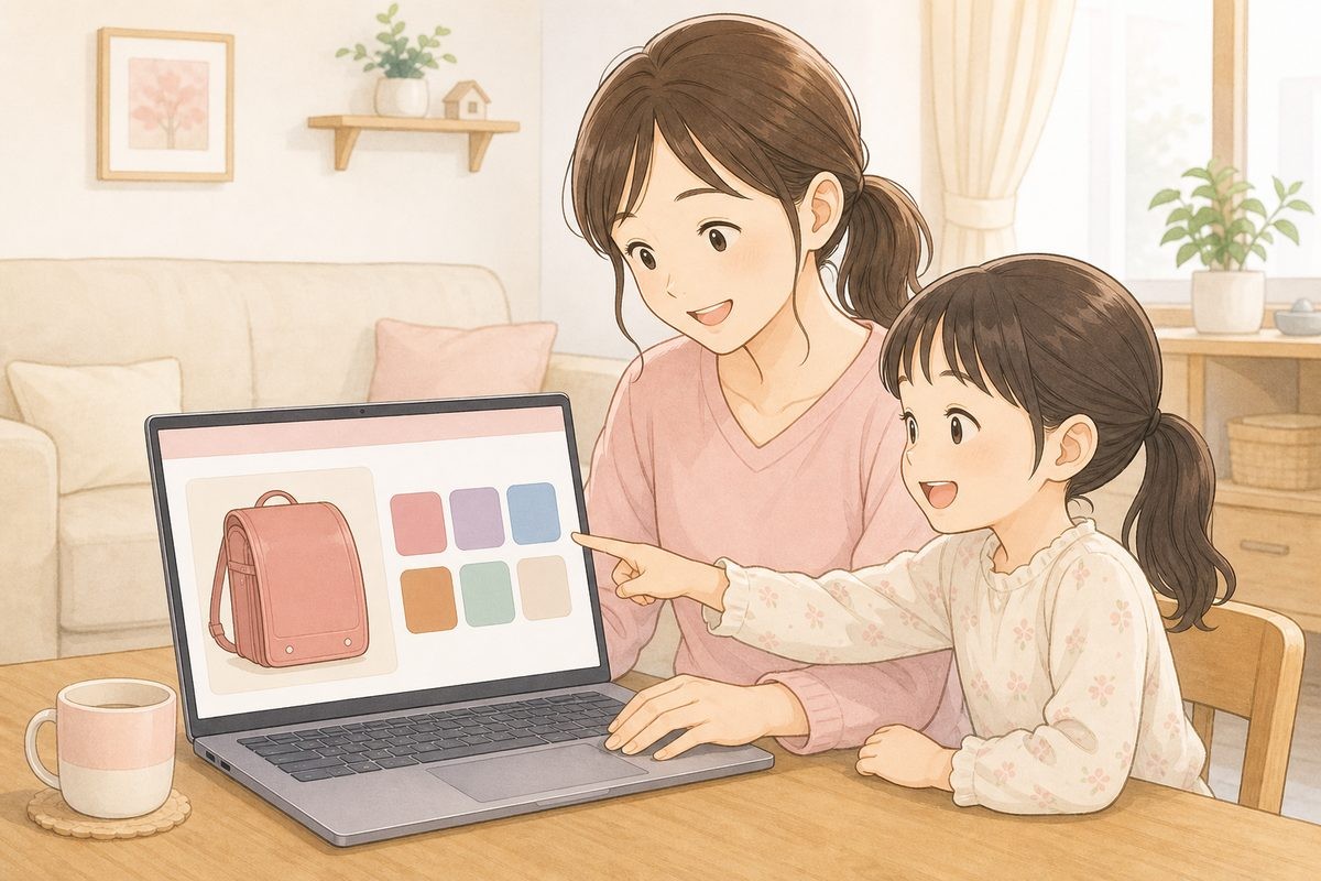 自宅のパソコンで公式サイトのオーダーメイドランドセルの色を娘と一緒に選ぶ様子