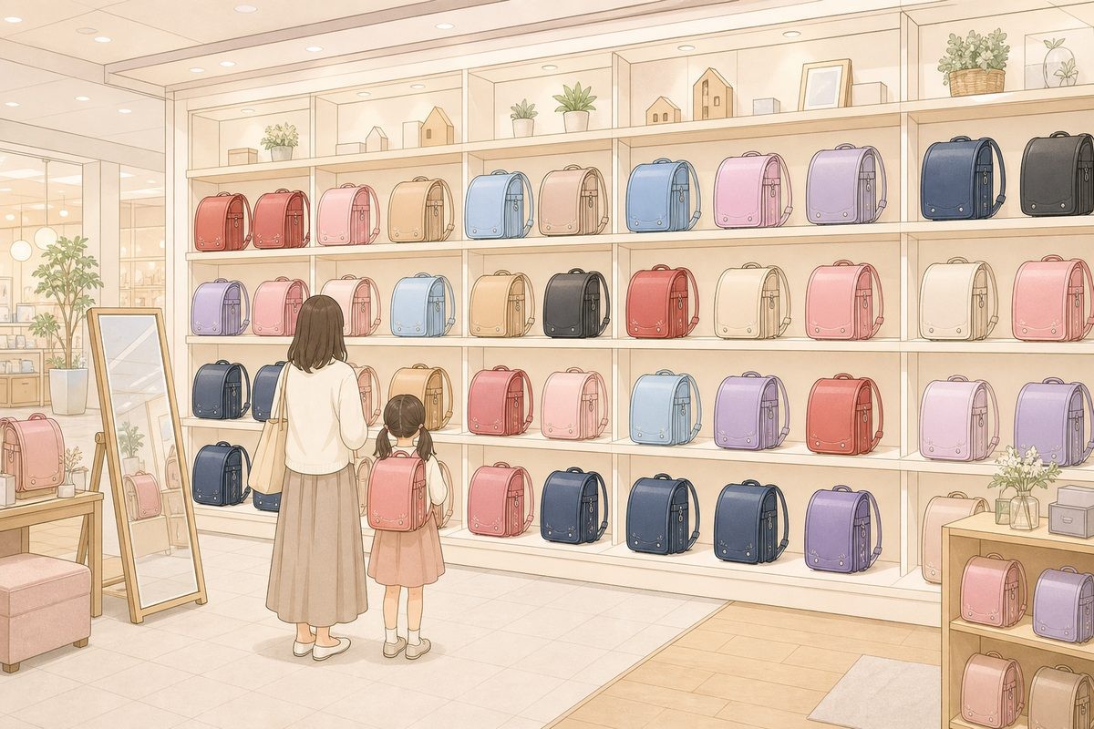 大型ショッピングモールのランドセル売り場で色とりどりのランドセルを見比べる親子