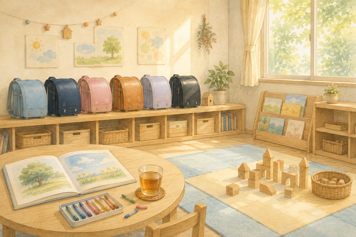 学童保育の部屋。棚に並んだランドセルと絵本