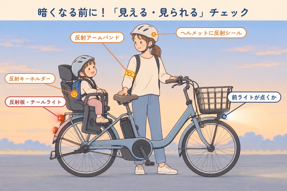 子ども乗せ電動自転車の「見える・見られる」チェックポイント(前ライト・反射板・テールライト・反射シール・反射アームバンド・反射キーホルダー)
