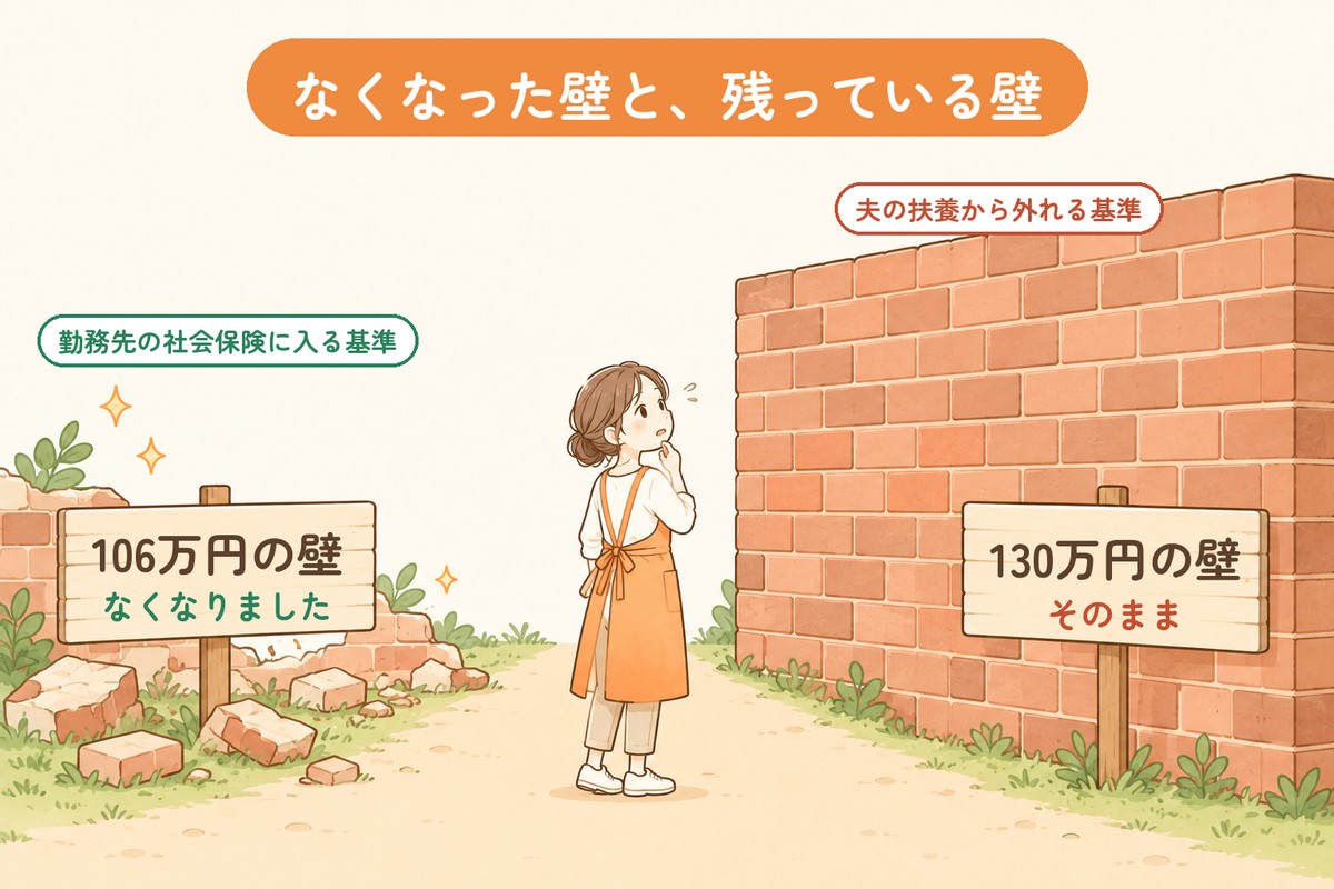 106万円の壁はなくなり、130万円の壁はそのまま残っていることを表したイラスト